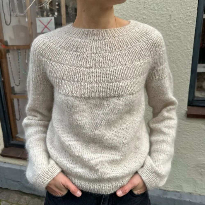 Anker's Sweater adult knitting pattern, PetiteKnit design, ribbed yoke, cozy fit.