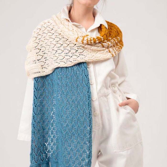 Aurora Stole Knitting Pattern with chevron edging and arrowhead lace in Amano Yarns Sami.