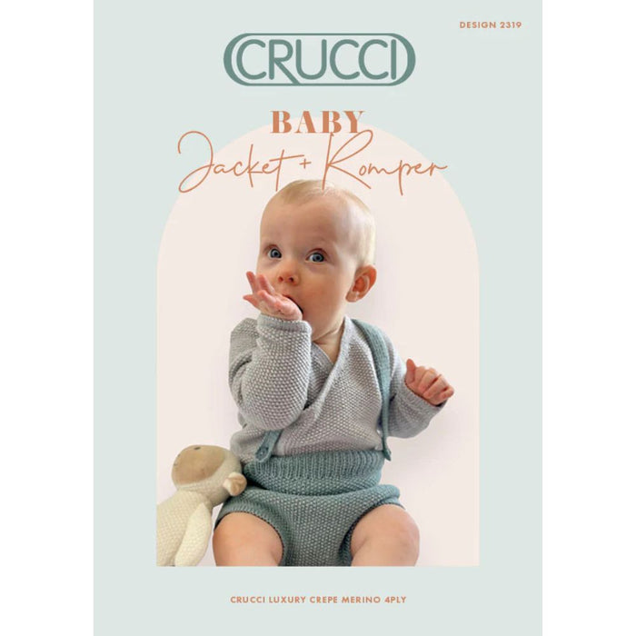 Baby wearing a knitted jacket and romper made with Crucci Luxury Merino Crepe 4ply, featured in pattern design 2319 for sizes 0 to 12 months.