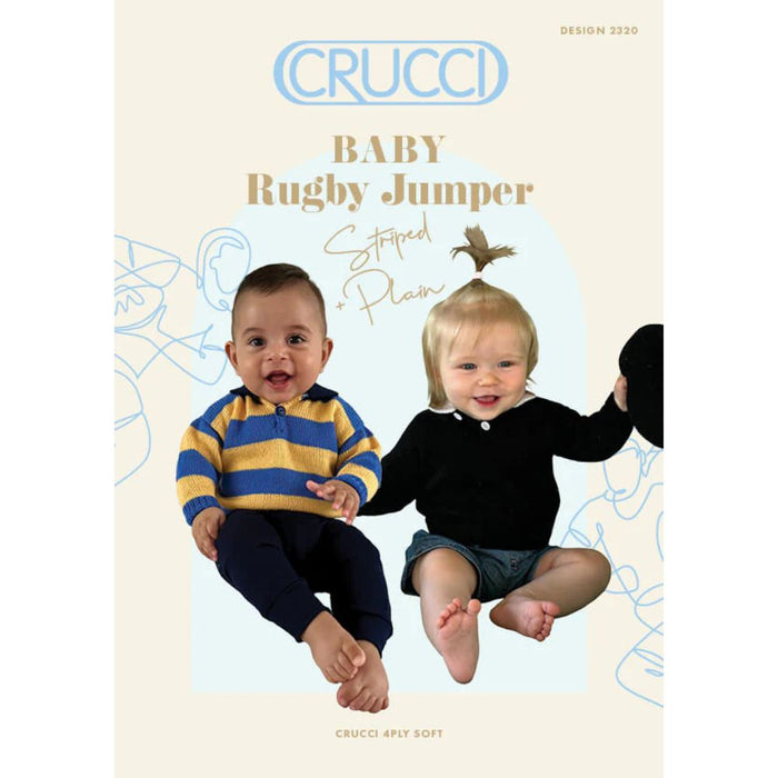 Baby Rugby Jumper Knitting Pattern in 4ply, striped and plain designs, intermediate skill level, sizes 0-12 months.