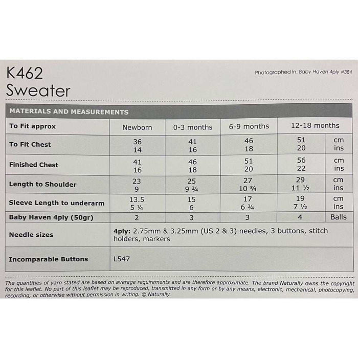 Baby Sweater Knitting Pattern (K462)-Needlecraft Patterns-Wentworth Distributors-Printed-Wild & Woolly Yarns