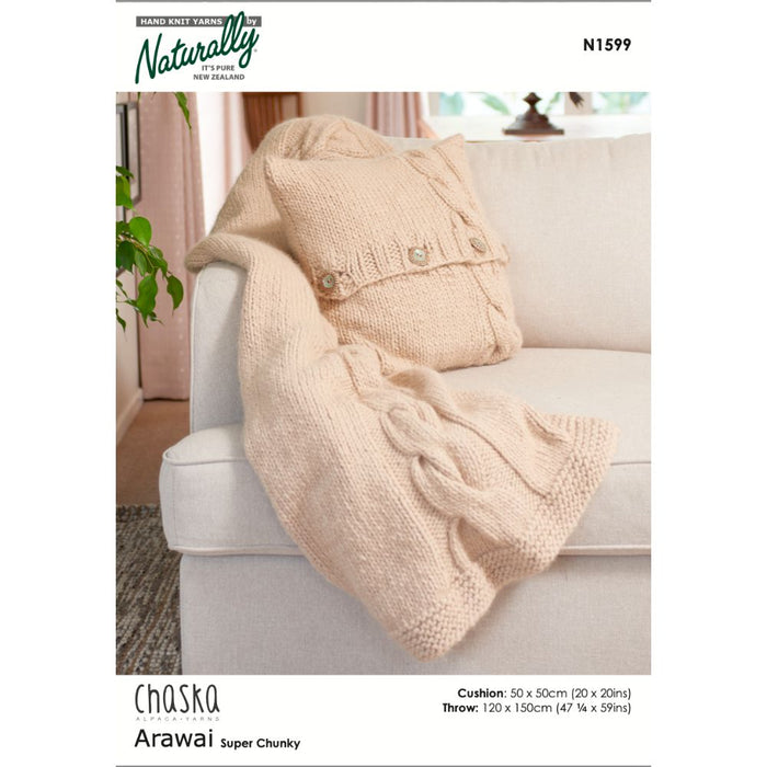 Cable Cushion & Couch Throw Knitting Pattern in Chaska Arawi Super Chunky yarn, featuring classic cable designs.