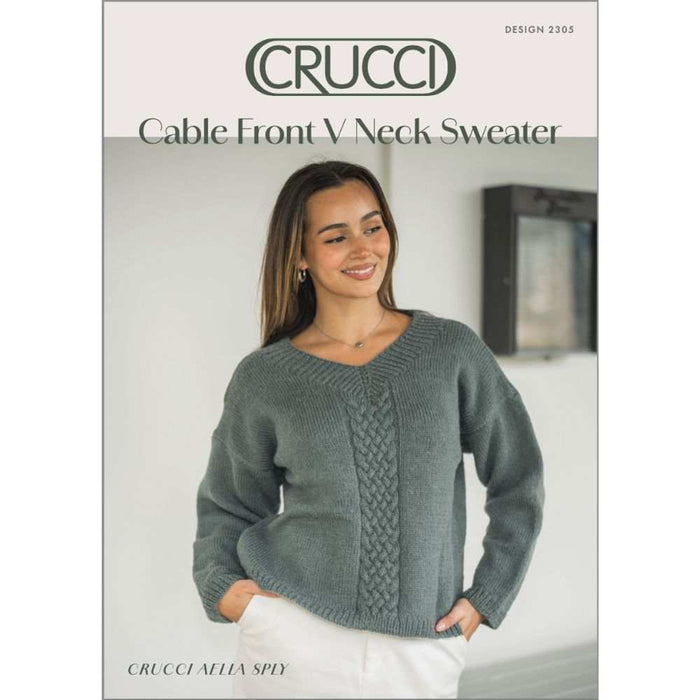 Cable Front V Neck Sweater Knitting Pattern (CRU2305)-Needlecraft Patterns-Crucci-Printed-Wild & Woolly Yarns