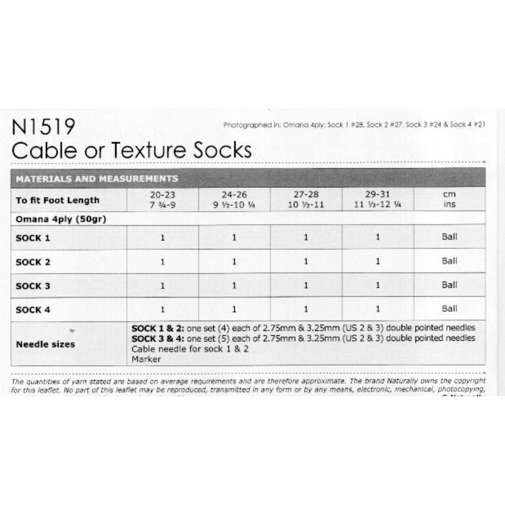 Cable or Texture Socks Knitting Pattern (N1519)-Needlecraft Patterns-Wentworth Distributors-Printed Pattern – Posted-Wild & Woolly Yarns