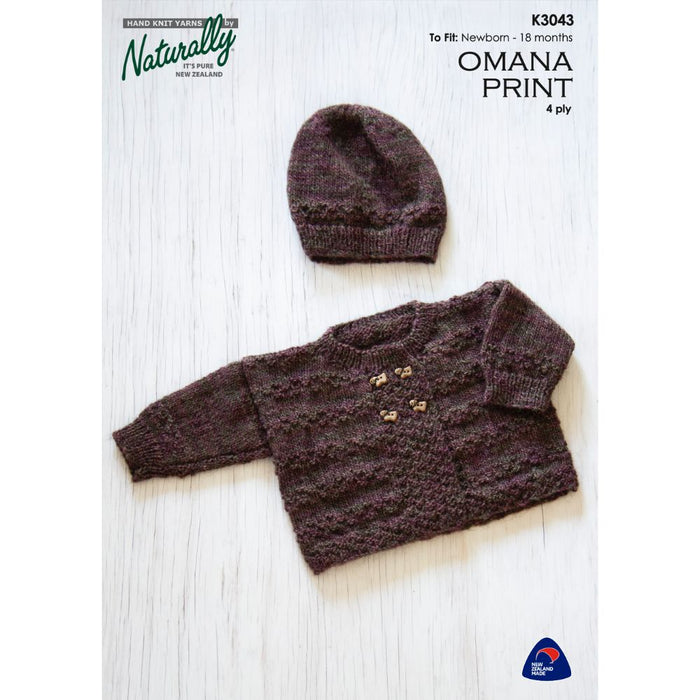 Cardigan and hat knitting pattern in Naturally Omana Print 4ply for newborn to 18 months.