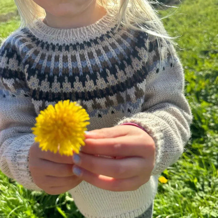 Child wearing knitted Celeste Sweater Junior with circular yoke in five-color pattern by PetiteKnit, holding a dandelion.