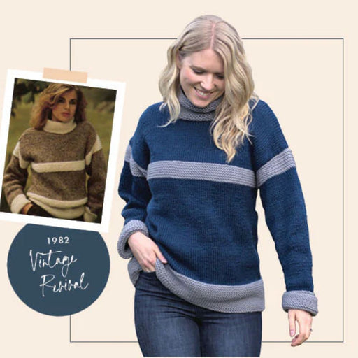 Women's cozy sloppy sweater knitting pattern using CRUCCI Sporte Wool, suitable for sizes S-XXL, featuring striped and plain styles.