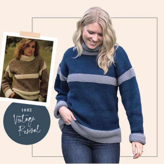 Women's cozy sloppy sweater knitting pattern using CRUCCI Sporte Wool, suitable for sizes S-XXL, featuring striped and plain styles.