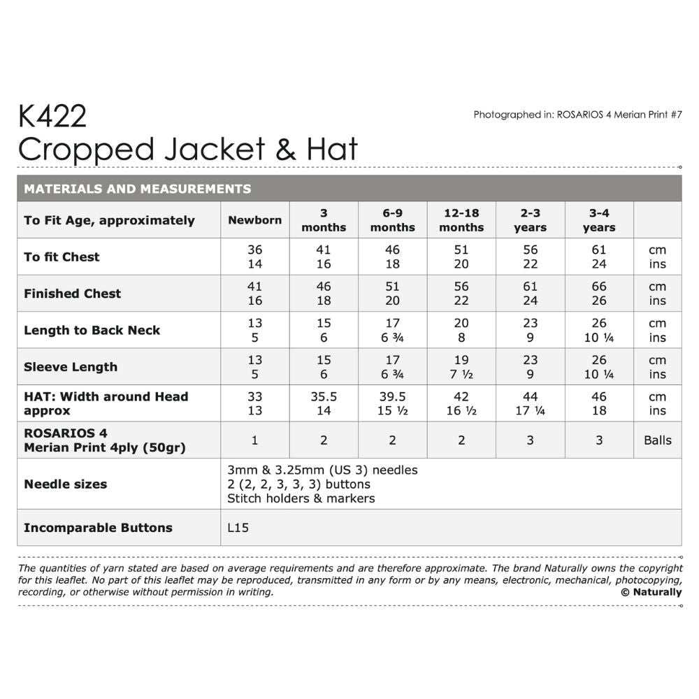 Cropped Jacket & Hat Knitting Pattern (K422)-Needlecraft Patterns-Wentworth Distributors-Printed Pattern – Posted-Wild & Woolly Yarns