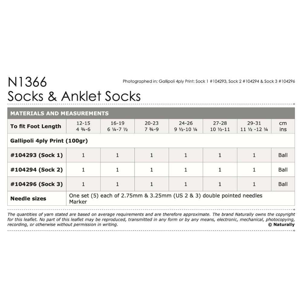 Gallipoli Socks & Anklet Socks Knitting Pattern (N1366)-Needlecraft Patterns-Wentworth Distributors-Printed Pattern – Posted-Wild & Woolly Yarns