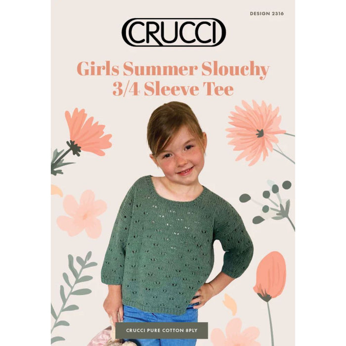 Girls Summer Slouchy 3/4 Sleeve Tee Knitting Pattern with floral design, intermediate level.