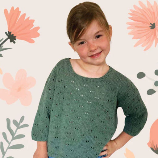 Girls Summer Slouchy 3/4 Sleeve Tee Knitting Pattern, CRUCCI 8ply Cotton, sizes 2-12, intermediate skill.