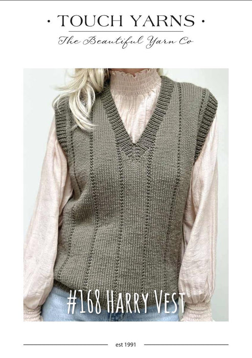 Unisex olive V-neck vest knitting pattern using Touch Merino 8ply yarn.