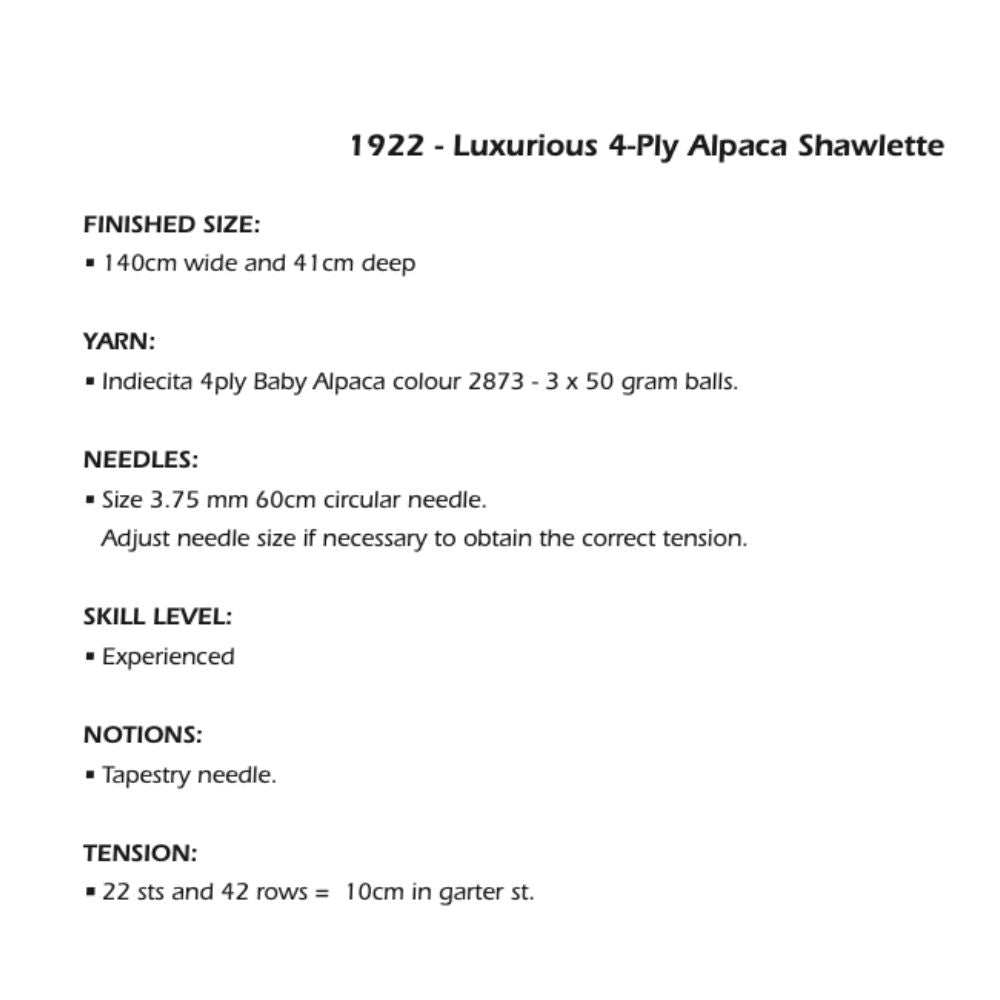 Luxurious Shawlette Knitting Pattern (AP1922)-Needlecraft Patterns-Alpaca Yarns-Printed Pattern – Posted-Wild & Woolly Yarns