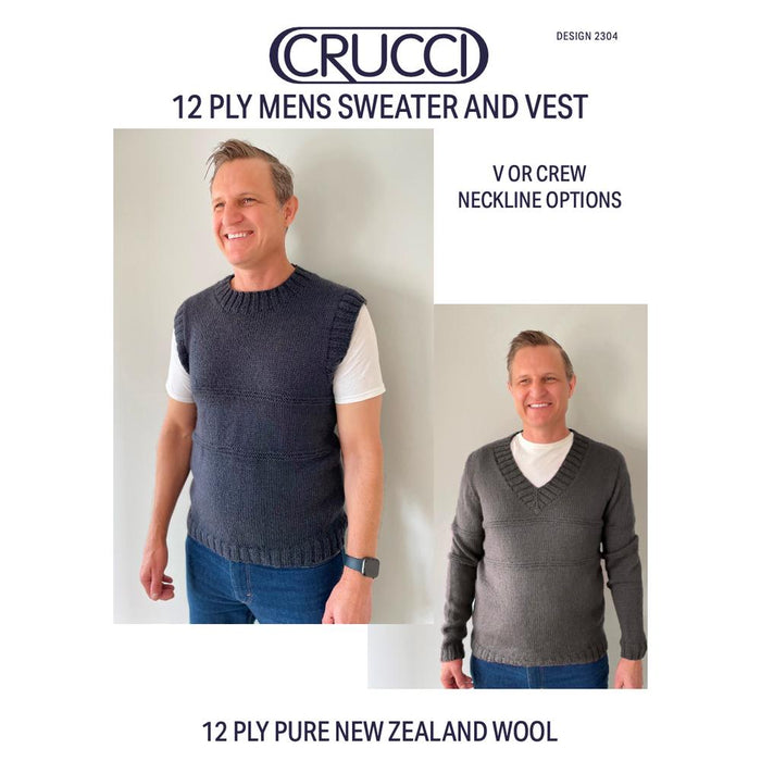 Mens Sweater & Vest Knitting Pattern (CRU2304)-Needlecraft Patterns-Crucci-Printed-Wild & Woolly Yarns