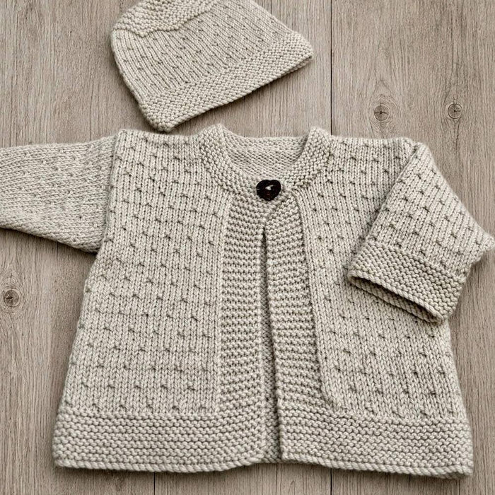 Mika Cardigan & Hat Knit Kit - NZ Merino 8ply-Needlecraft Kits-Wild & Woolly Yarns-3-6 Months-White (2000)-Wild & Woolly Yarns