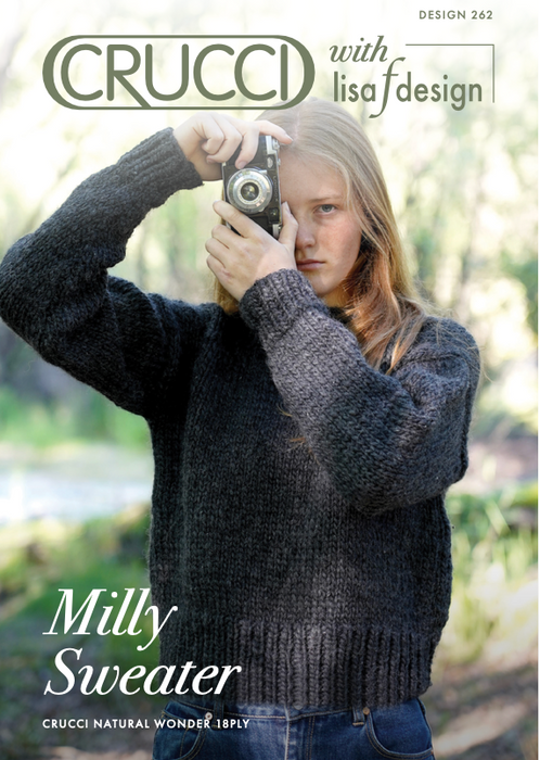 Chunky Thea Sweater knitting pattern in charcoal Crucci Natural Wonder 18ply wool, intermediate level cozy knitwear.