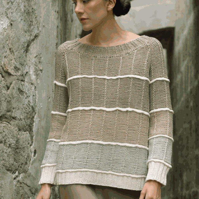 Mireya Pullover Knit Kit featuring a taupe and light grey textured knit pullover with folded ridge stripes and ribbed cuffs.