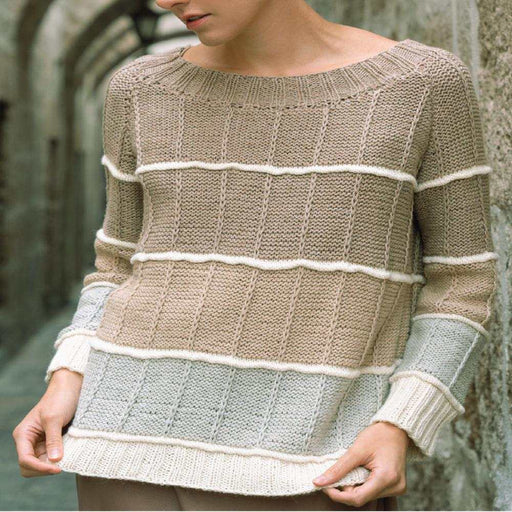 Mireya Pullover Knit Kit sweater in earthy beige and pale blue knit, with textured vertical ridges and white folded stripes.