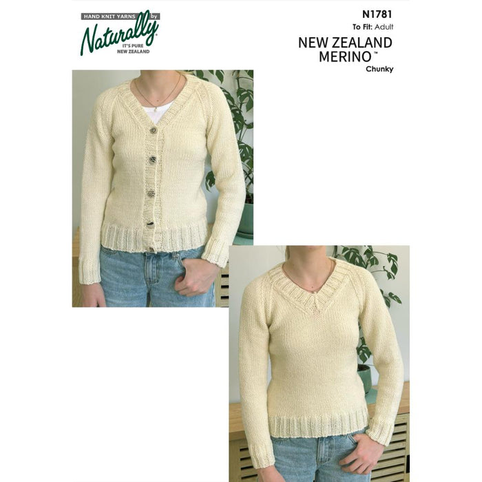 New Zealand Merino Chunky Raglan Sweater & Cardigan Pattern (N1781)-Needlecraft Patterns-Wentworth Distributors-Printed-Wild & Woolly Yarns