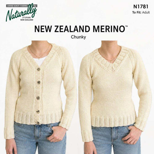 New Zealand Merino Chunky Raglan Sweater & Cardigan Pattern (N1781)-Needlecraft Patterns-Wentworth Distributors-Printed Pattern – Posted-Wild & Woolly Yarns