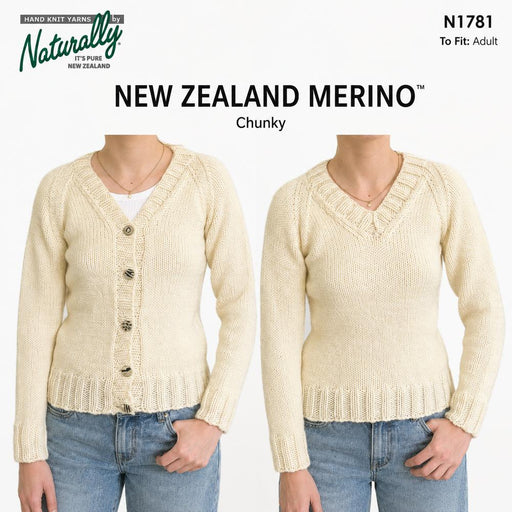 New Zealand Merino Chunky Raglan Sweater & Cardigan Pattern (N1781)-Needlecraft Patterns-Wentworth Distributors-Printed-Wild & Woolly Yarns