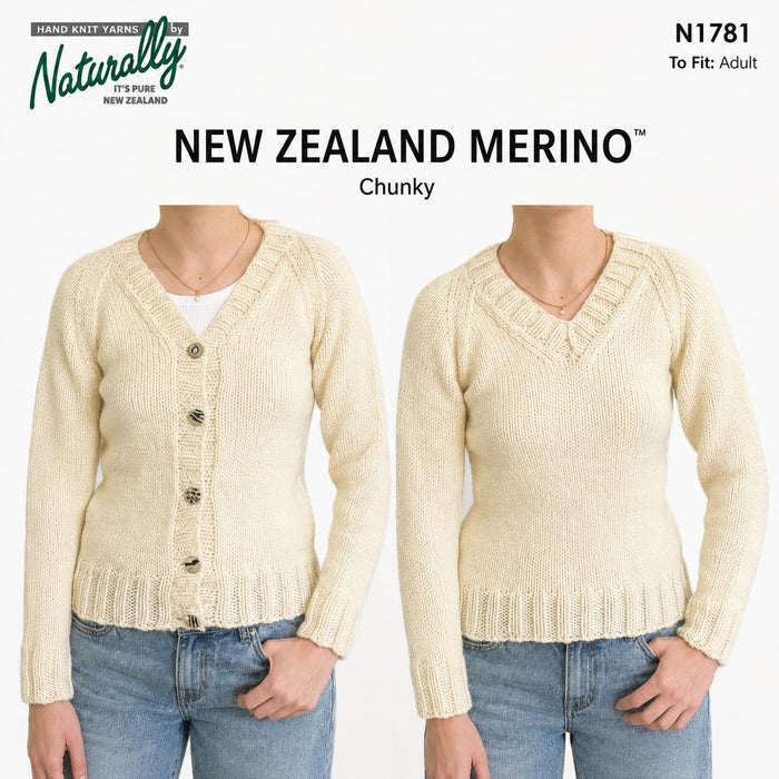 New Zealand Merino Chunky Raglan Sweater & Cardigan Pattern (N1781)-Needlecraft Patterns-Wentworth Distributors-Printed-Wild & Woolly Yarns
