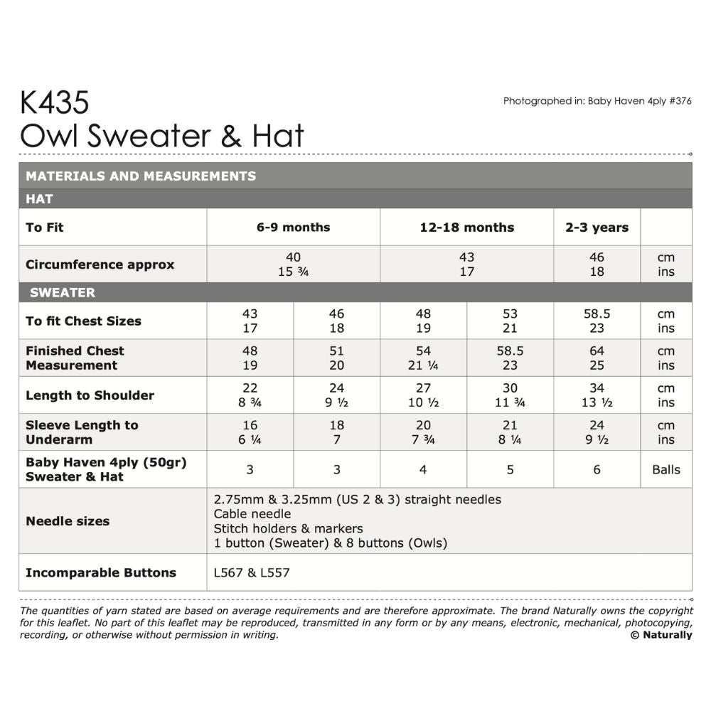 Owl Sweater & Hat Knitting Knitting Pattern (K435)-Needlecraft Patterns-Wentworth Distributors-Printed Pattern – Posted-Wild & Woolly Yarns