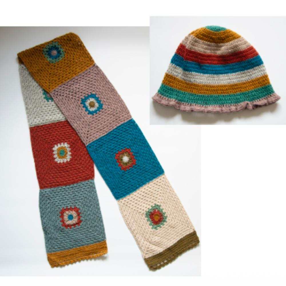 Patchwork Crochet Scarf & Frilly Bucket Hat Crochet Pattern (K3060)-Needlecraft Patterns-Wentworth Distributors-Printed Pattern – Posted-Wild & Woolly Yarns