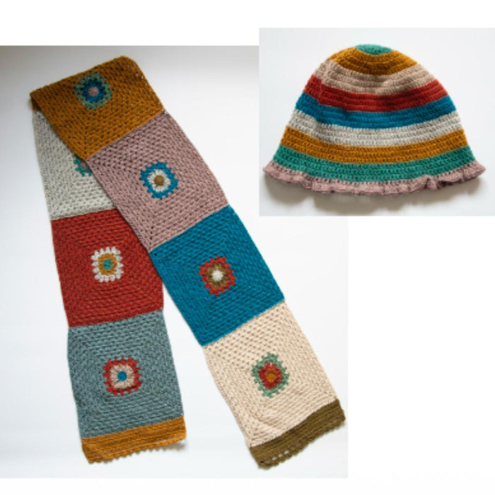 Patchwork Crochet Scarf & Frilly Bucket Hat Crochet Pattern (K3060)