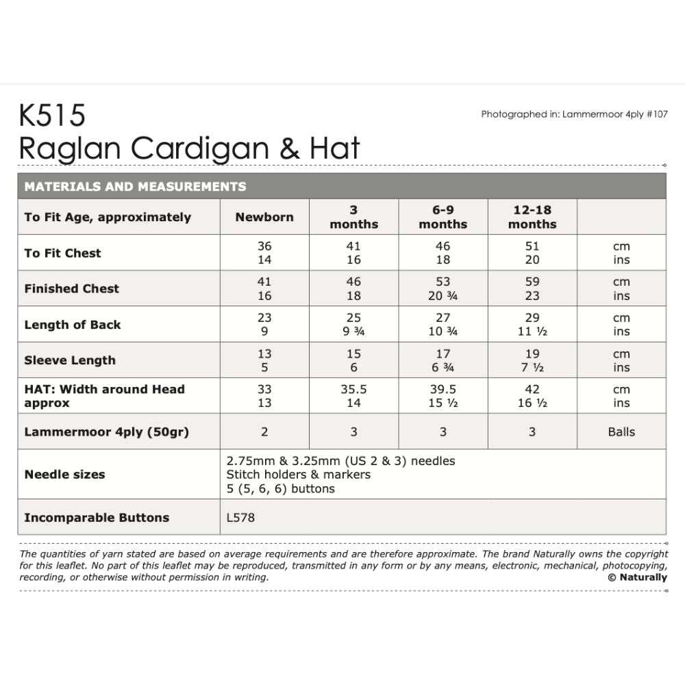 Raglan Cardigan & Hat Knitting Pattern (K515)-Needlecraft Patterns-Wentworth Distributors-Printed Pattern – Posted-Wild & Woolly Yarns