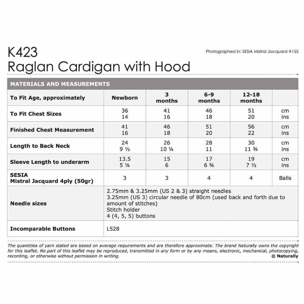 Raglan Cardigan with Hood Knitting Pattern (K423) **-Needlecraft Patterns-Wentworth Distributors-Printed Pattern – Posted-Wild & Woolly Yarns