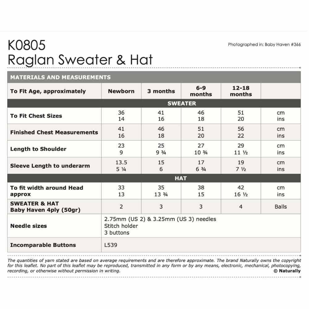 Raglan Sweater & Hat Knitting Pattern (K0805)