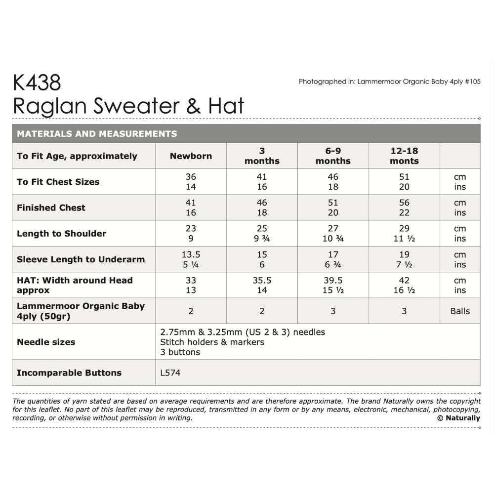 Raglan Sweater & Hat Knitting Pattern (K438)**-Needlecraft Patterns-Wentworth Distributors-Printed Pattern – Posted-Wild & Woolly Yarns