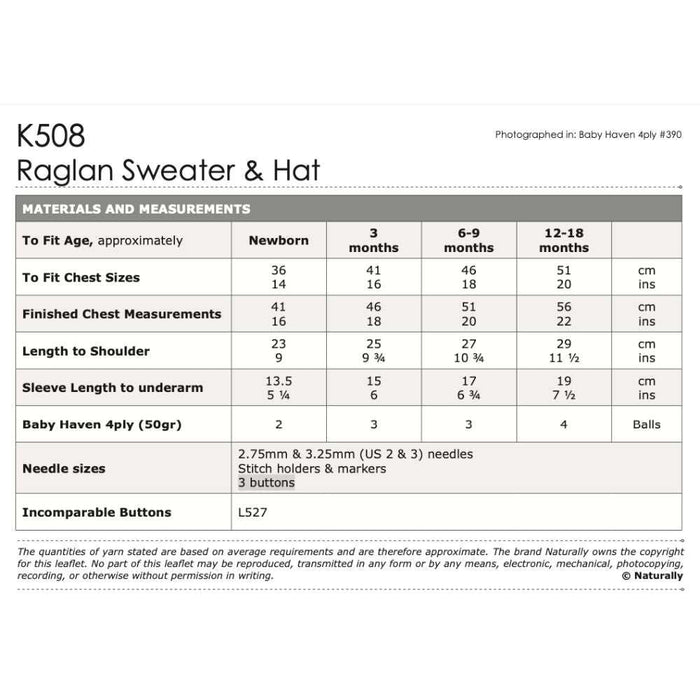 Raglan Sweater & Hat Knitting Pattern (K508)-Needlecraft Patterns-Wentworth Distributors-Printed-Wild & Woolly Yarns