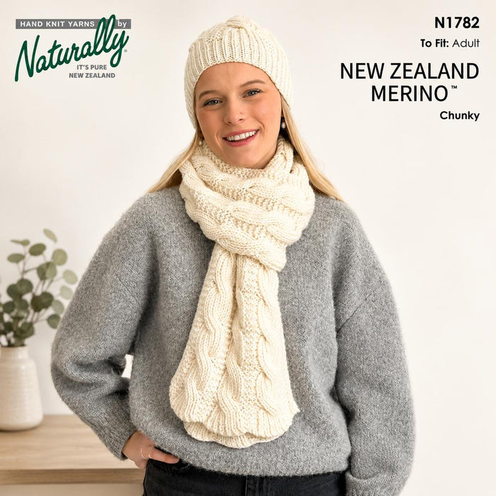 Reversible Cable Scarf & Cable Beanie Knitting Pattern (N1782)-Needlecraft Patterns-Wentworth Distributors-Printed-Wild & Woolly Yarns