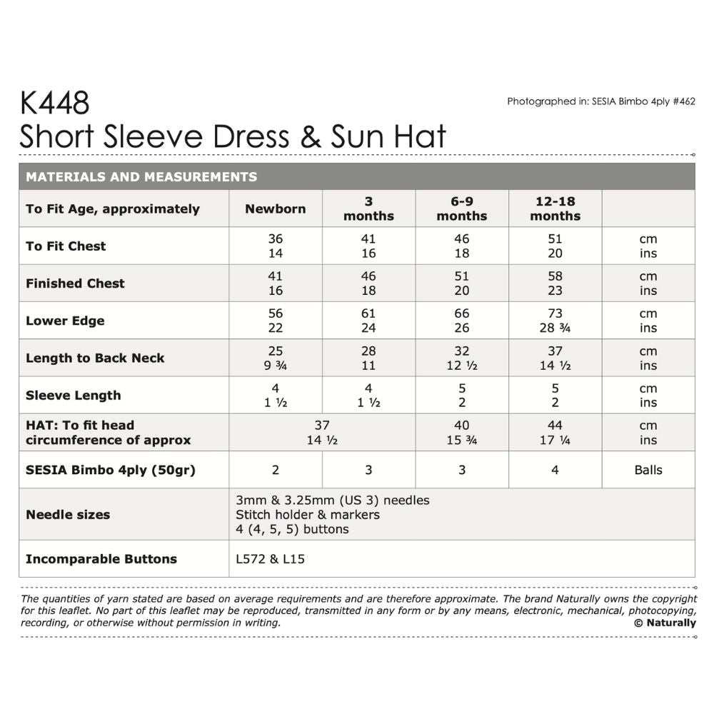 Short Sleeve Dress & Sun Hat Knitting Pattern (K448)-Needlecraft Patterns-Wentworth Distributors-Printed Pattern – Posted-Wild & Woolly Yarns
