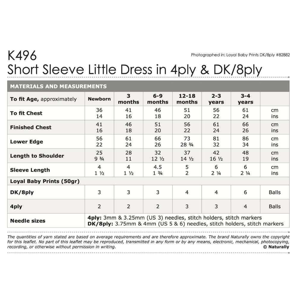 Short Sleeve Little Dress Knitting Pattern (K496)-Needlecraft Patterns-Wentworth Distributors-Printed Pattern – Posted-Wild & Woolly Yarns