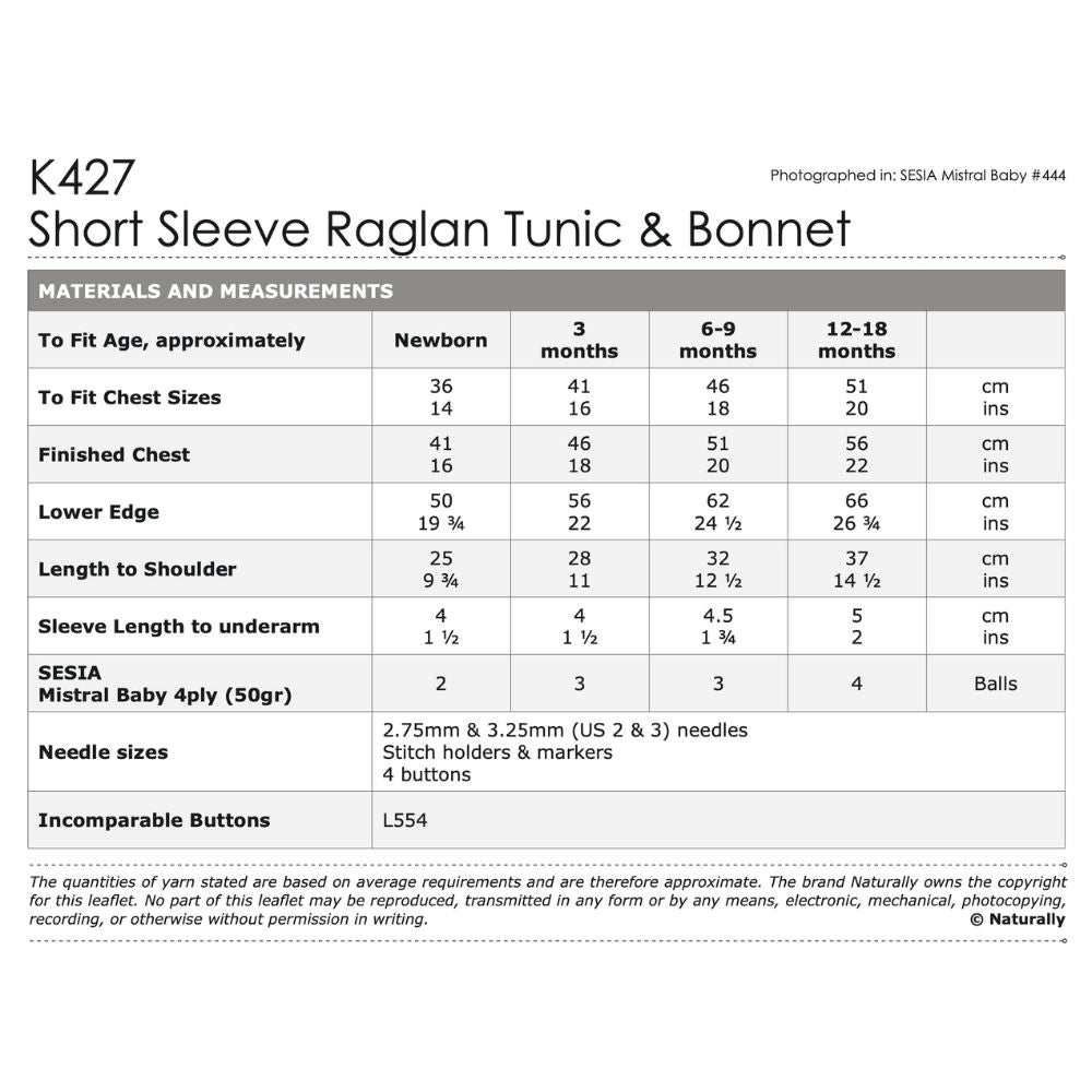 Short Sleeve Raglan Tunic & Bonnet Knitting Pattern (K427)