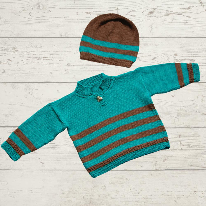 Striped Sweater & Hat Knitting Pattern (K3052)-Needlecraft Patterns-Wentworth Distributors-Printed-Wild & Woolly Yarns