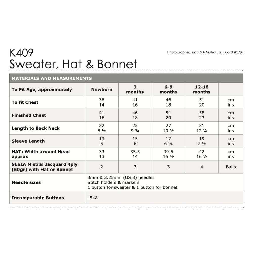 Sweater, Hat & Bonnet Knitting Pattern (K409)-Needlecraft Patterns-Wentworth Distributors-Printed Pattern – Posted-Wild & Woolly Yarns