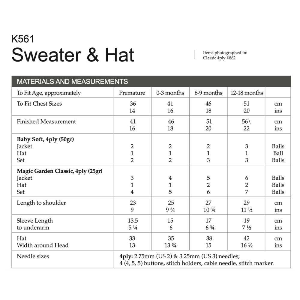Sweater and Hat Knitting Pattern (K561)-Needlecraft Patterns-Wentworth Distributors-Printed Pattern – Posted-Wild & Woolly Yarns