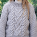 Chunky Thea Sweater in light brown with central cable panel and double moss stitch, knitted from 100% Pure New Zealand wool