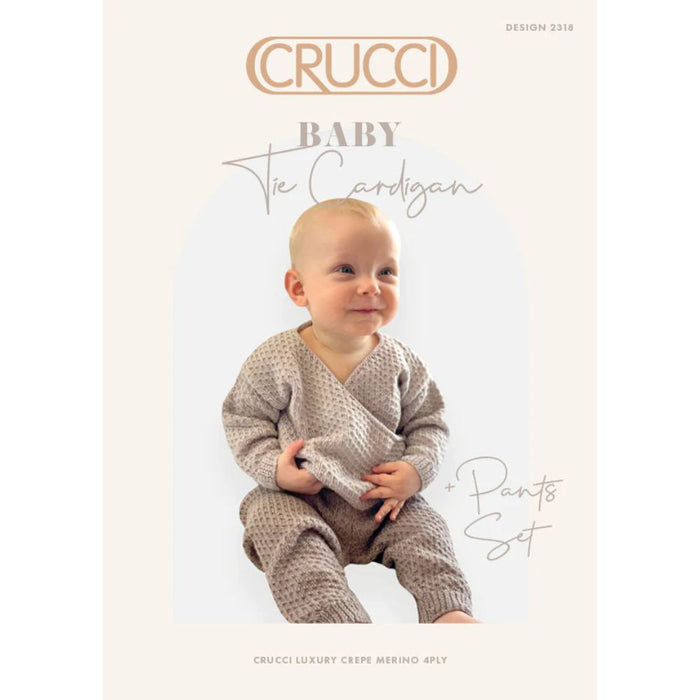 Baby tie cardigan and pants knitting pattern set using Crucci Luxury Merino Crepe 4ply yarn for sizes 0-12 months.