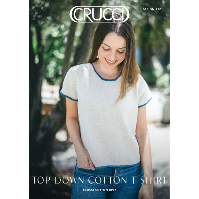 Women's top down cotton t-shirt knitting pattern using CRUCCI Pure Cotton 8ply, sizes S-XL, intermediate skill level.