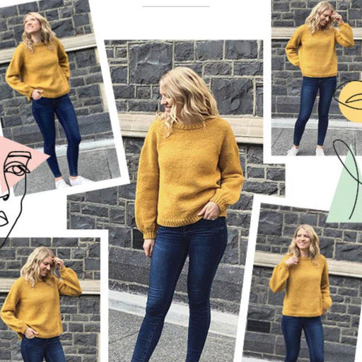 Women's top down sweater in mustard yellow, knitted using CRUCCI Sloppy Joe 14ply Wool, showcasing various styles.