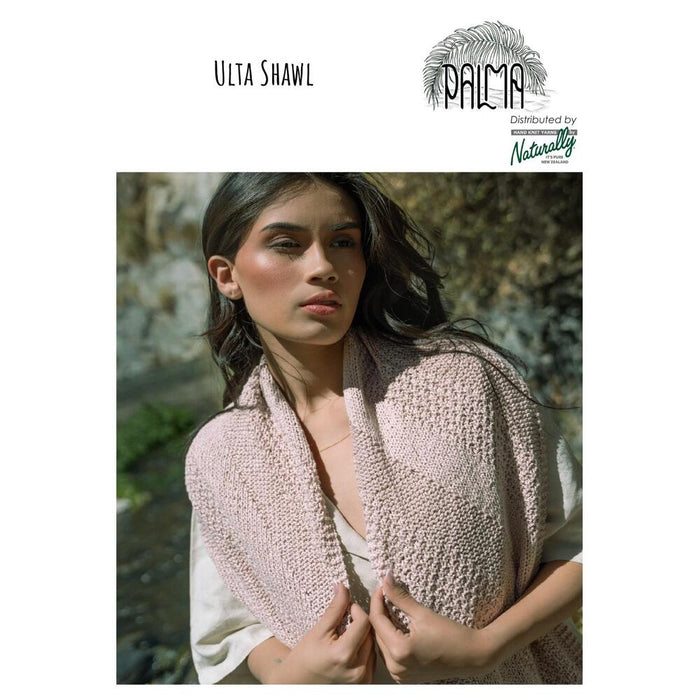 Long rectangular Ulta Shawl knitted in organic cotton with a repeating stitch pattern