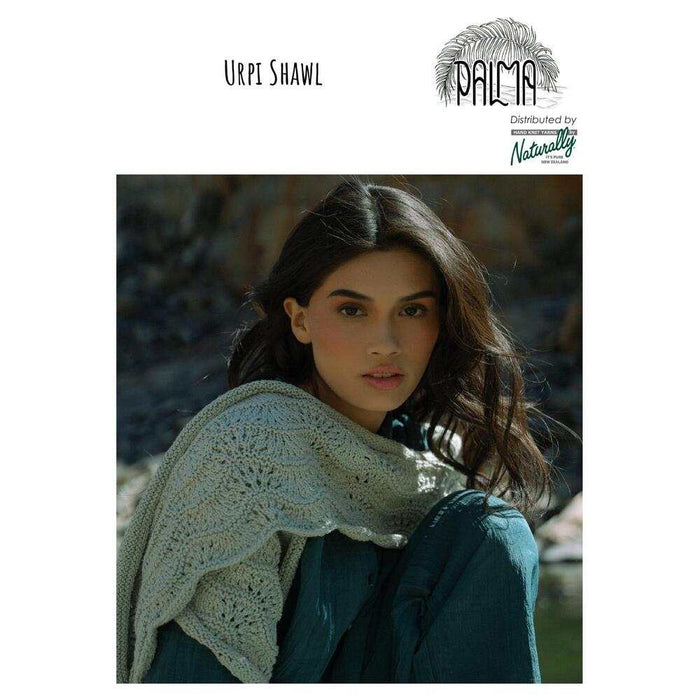 Wide crescent Urpi shawl with wave lace border and wildflower-knot texture knitting pattern