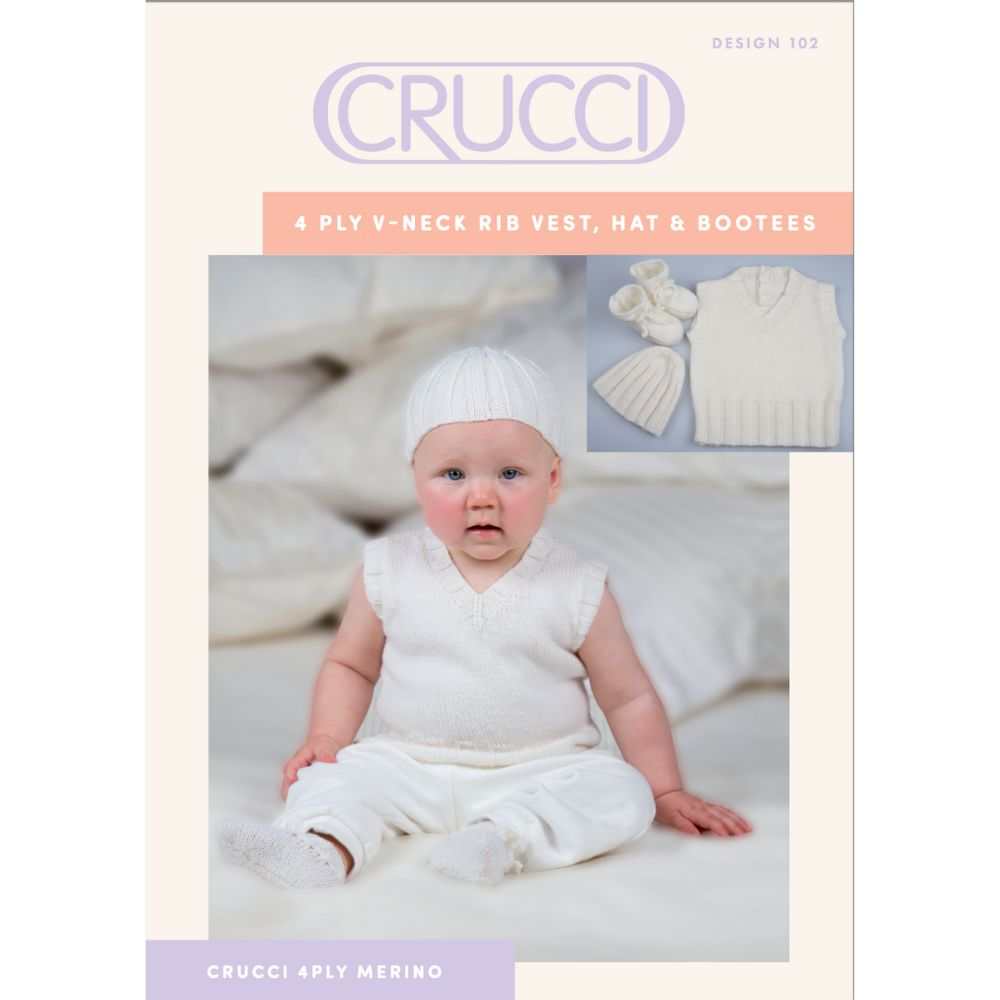 V-Neck Rib Vest, Hat & Bootees Knitting Pattern (CRU102)-Needlecraft Patterns-Crucci-Printed Pattern – Posted-Wild & Woolly Yarns