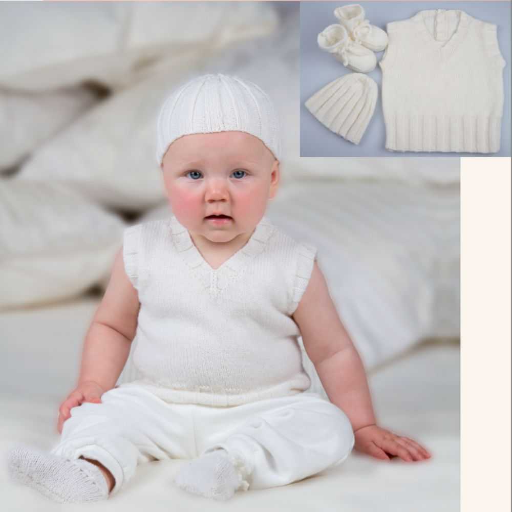 V-Neck Rib Vest, Hat & Bootees Knitting Pattern (CRU102)-Needlecraft Patterns-Crucci-Printed Pattern – Posted-Wild & Woolly Yarns